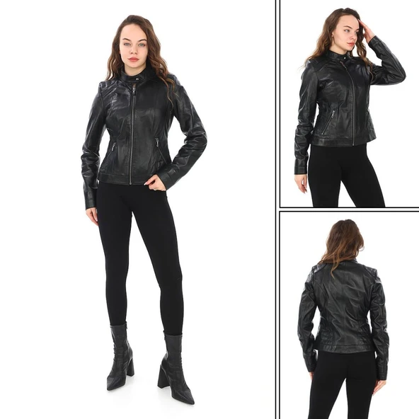 Omuzu Dikişli Spor Kesim Bayan Deri Ceket - 9