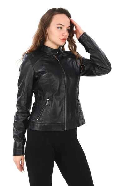 Omuzu Dikişli Spor Kesim Bayan Deri Ceket - 7