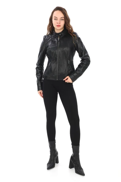 Omuzu Dikişli Spor Kesim Bayan Deri Ceket - 8