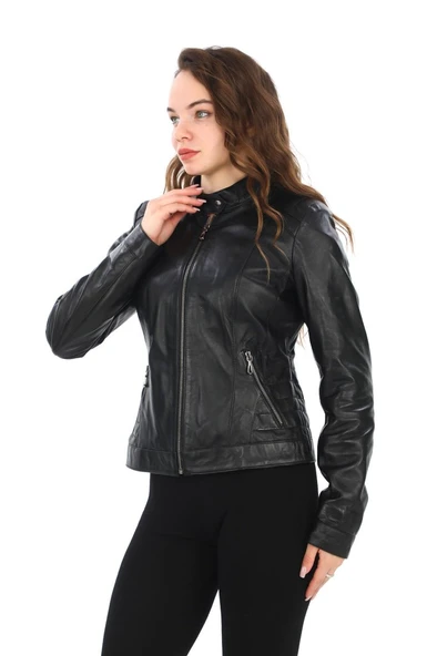 Omuzu Dikişli Spor Kesim Bayan Deri Ceket - 10