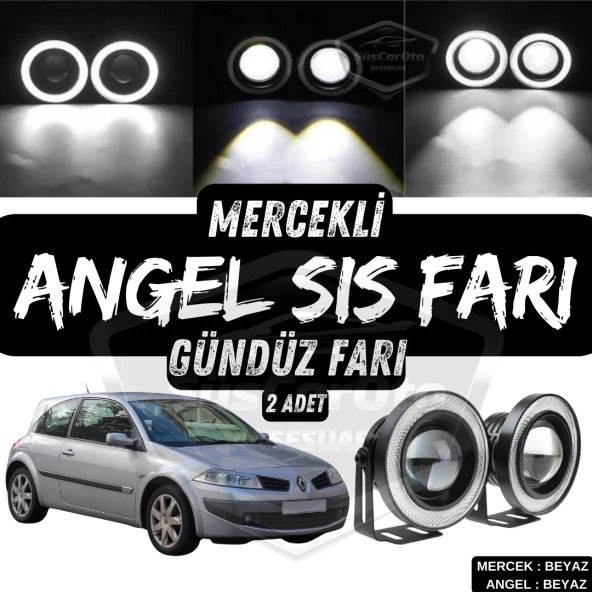 Renault Megane 2 2003-2008 Uyumlu Üniversal Mercekli Angel Sis Farı Metal Su Geçirmez 76 mm Beyaz Halkalı Gündüz Farı Angel Eyes 2 Adet