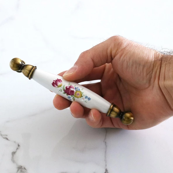 Aspendos Gerçek Porselen Eskitme Antik Sarı 128 mm Mobilya Mutfak Dolabı Dolap Kulpu Kulbu Kulpları - 3