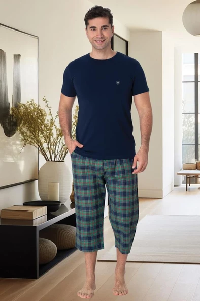 Mecit 2914 Lacivert Ekoseli Erkek Büyük Beden Kapri Pijama Takımı