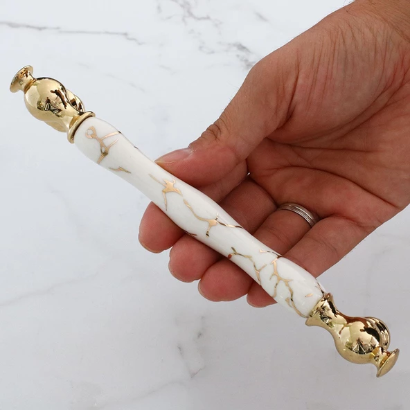 Anavarza Gerçek Porselen Gold Beyaz 160 mm Mobilya Mutfak Kulp Çekmece Dolap Kulplar Kulpu Kulbu - 3