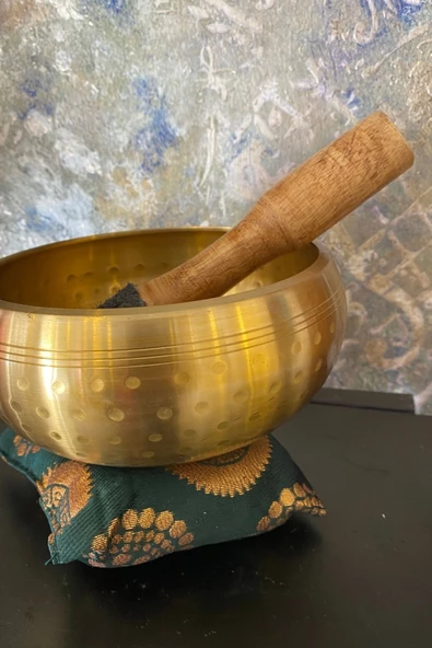 Pirinç Meditasyon Çanı Yoga Çanı Tibet Çanağı Singing Bowl 17 Cm 7 Element Minderli - Resim 6