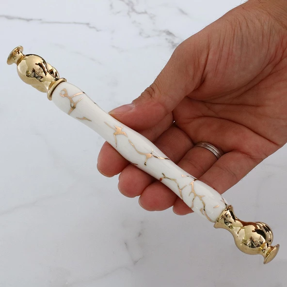 Anavarza Gerçek Porselen Gold Beyaz 192 mm Mobilya Mutfak Kulp Çekmece Dolap Kulplar Kulpu Kulbu - 3