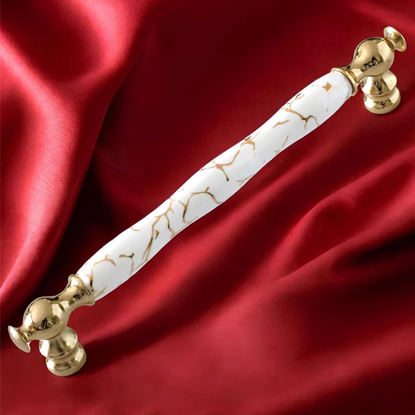 Anavarza Gerçek Porselen Gold Beyaz 192 mm Mobilya Mutfak Kulp Çekmece Dolap Kulplar Kulpu Kulbu - 7