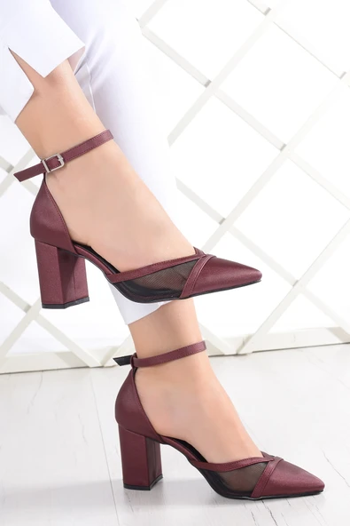 Erkan Saçmacı Millie Bordo Saten Fileli Kalın Topuklu Abiye Ayakkabı ürün görseli 1