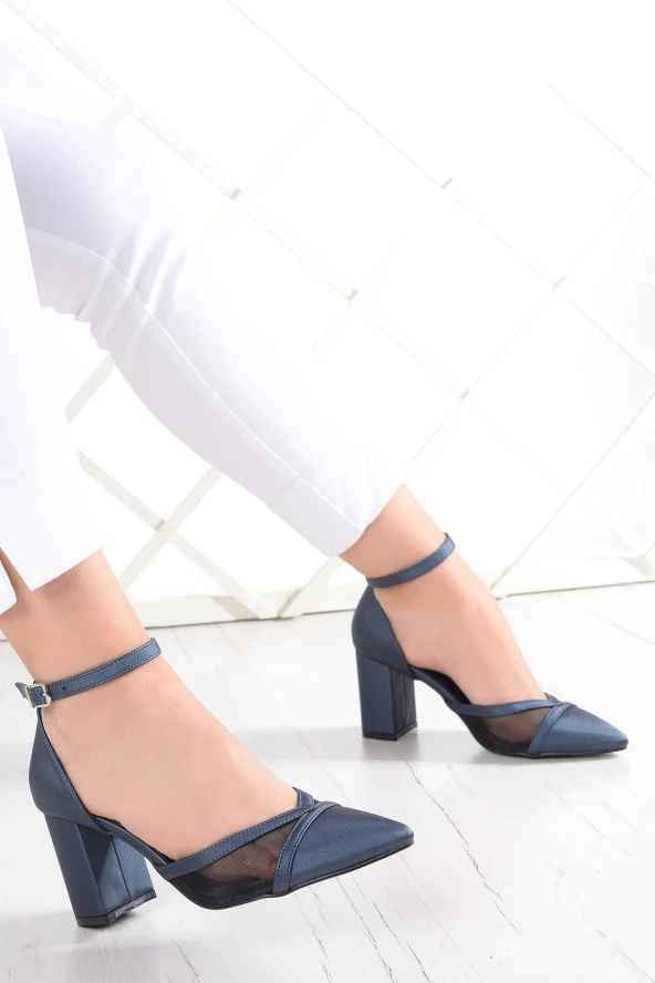 Erkan Saçmacı Millie Lacivert Saten Fileli Kalın Topuklu Abiye Ayakkabı - Resim 2