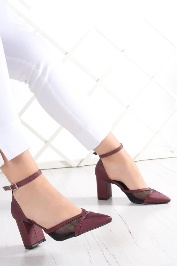 Erkan Saçmacı Millie Bordo Saten Fileli Kalın Topuklu Abiye Ayakkabı - Resim 2