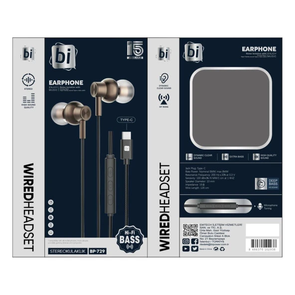 BİPOWER BP-729 TYPE-C KULAKİÇİ KABLOLU KULAKLIK SİYAH - 2