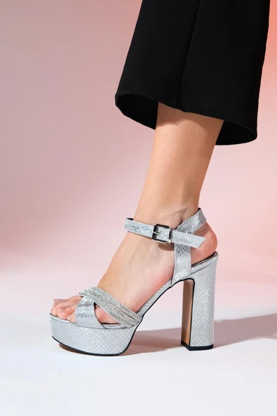 Feles Çapraz 13 cm Yüksek Platform Topuklu Taşlı Kadın Abiye Ayakkabı - Resim 3