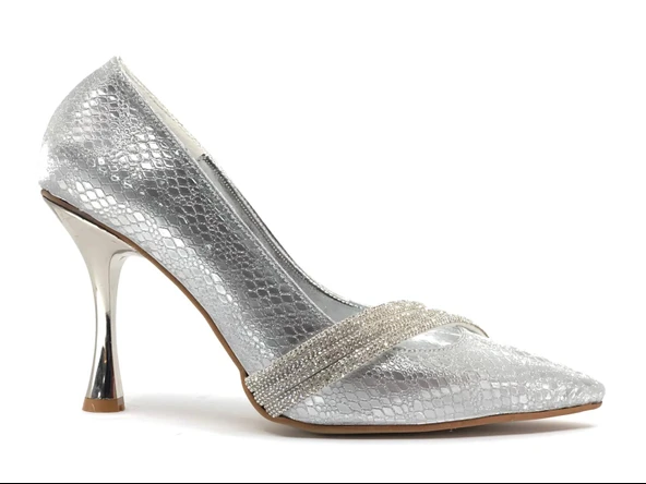 Feles Üç Şerit Taş Detaylı Saten Stiletto Abiye Kadın Topuklu Ayakkabı - 10