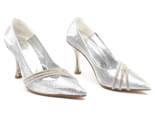 Feles Üç Şerit Taş Detaylı Saten Stiletto Abiye Kadın Topuklu Ayakkabı - 2