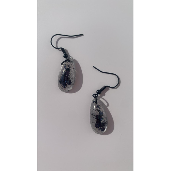 Şeffaf Renkli Siyah Simli Pullu Glitterli Aksesuarlı Damla Şekil Sallantılı Epoksi Küpe Hediyelik - Resim 5