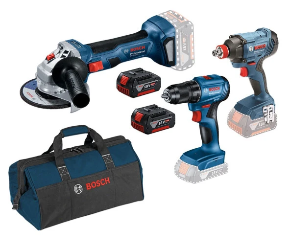 Bosch GSR185+GDX180 +GWS180 2x4 Ah Akülü Çantalı Vidalama ve Taşlaşma Seti