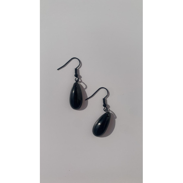 Parlak Siyah Renkli Siyah Aksesuarlı Damla Şekilli Sallantılı El Yapımı Epoksi Küpe Hediyelik - 3