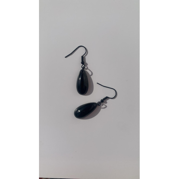 Parlak Siyah Renkli Siyah Aksesuarlı Damla Şekilli Sallantılı El Yapımı Epoksi Küpe Hediyelik - 4