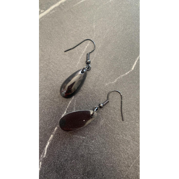 Parlak Siyah Renkli Siyah Aksesuarlı Damla Şekilli Sallantılı El Yapımı Epoksi Küpe Hediyelik - 6