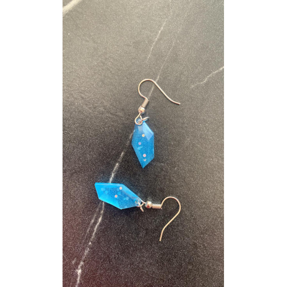 Gök Mavi Renkli Simli Sedefli Parlak Gümüş Aksesuarlı Kristal Şekil Sallantılı Epoksi Küpe Hediyelik - Resim 3