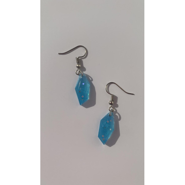 Gök Mavi Renkli Simli Sedefli Parlak Gümüş Aksesuarlı Kristal Şekil Sallantılı Epoksi Küpe Hediyelik - Resim 6