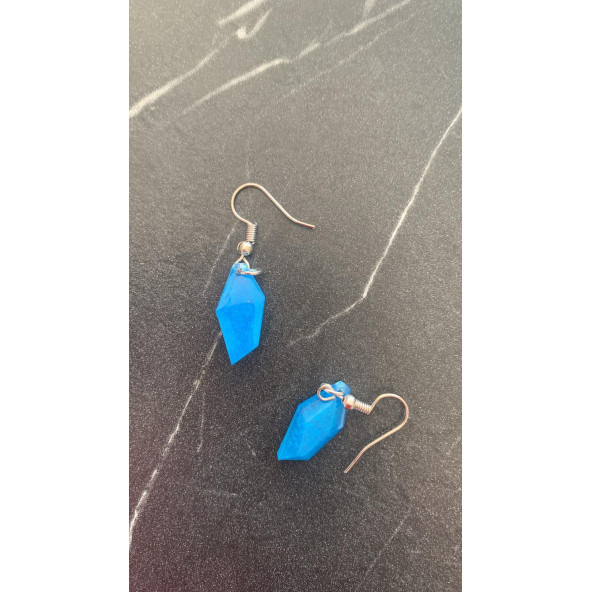 Okyanus Mavi Renkli Sedefli Parlak Kristal Şekilli Gümüş Aksesuarlı Küpe Epoksi El Yapımı Hediyelik - Resim 2