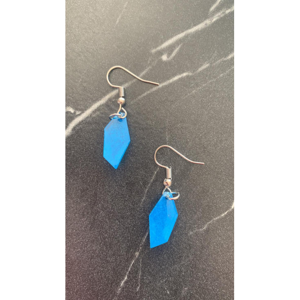 Okyanus Mavi Renkli Sedefli Parlak Kristal Şekilli Gümüş Aksesuarlı Küpe Epoksi El Yapımı Hediyelik - Resim 5