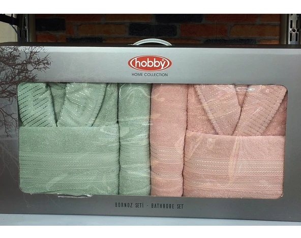 Hobby Casual %100 Saf Pamuk Aile Bornoz Seti-Pembe Su Yeşili - 2