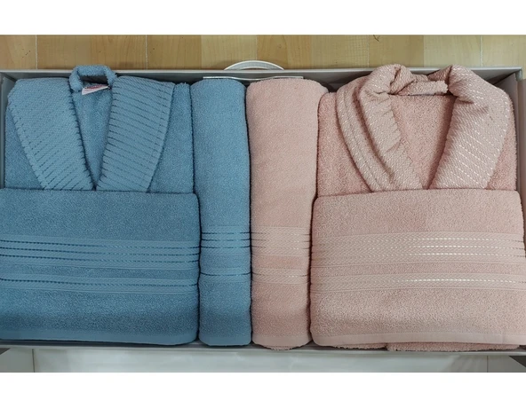 Hobby Casual %100 Saf Pamuk Aile Bornoz Seti-Pembe Mavi - 2