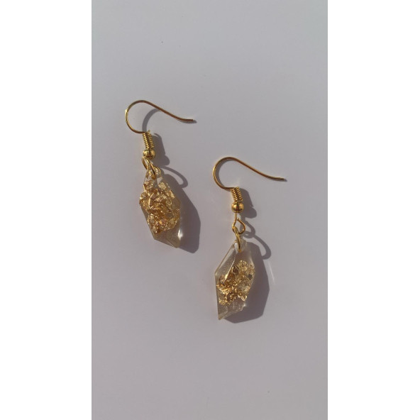 Şeffaf Renkli Gold Varak Süslemeli Gold Aksesuarlı Kristal Şekil Sallantılı Epoksi Küpe Hediyelik ürün görseli