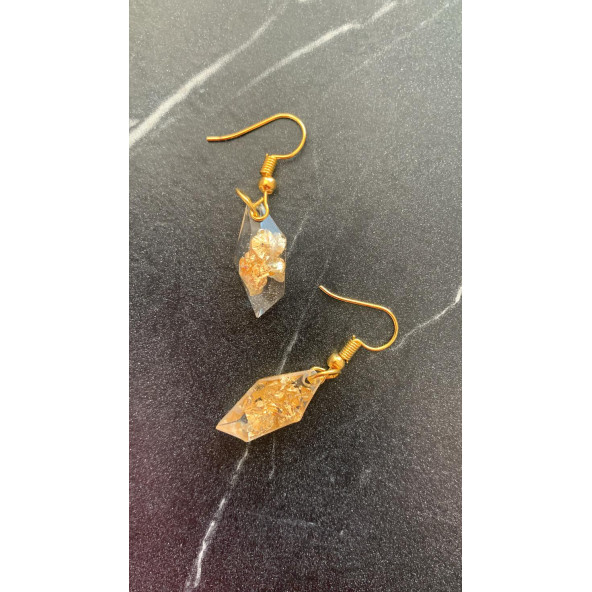 Şeffaf Renkli Gold Varak Süslemeli Gold Aksesuarlı Kristal Şekil Sallantılı Epoksi Küpe Hediyelik - Resim 6