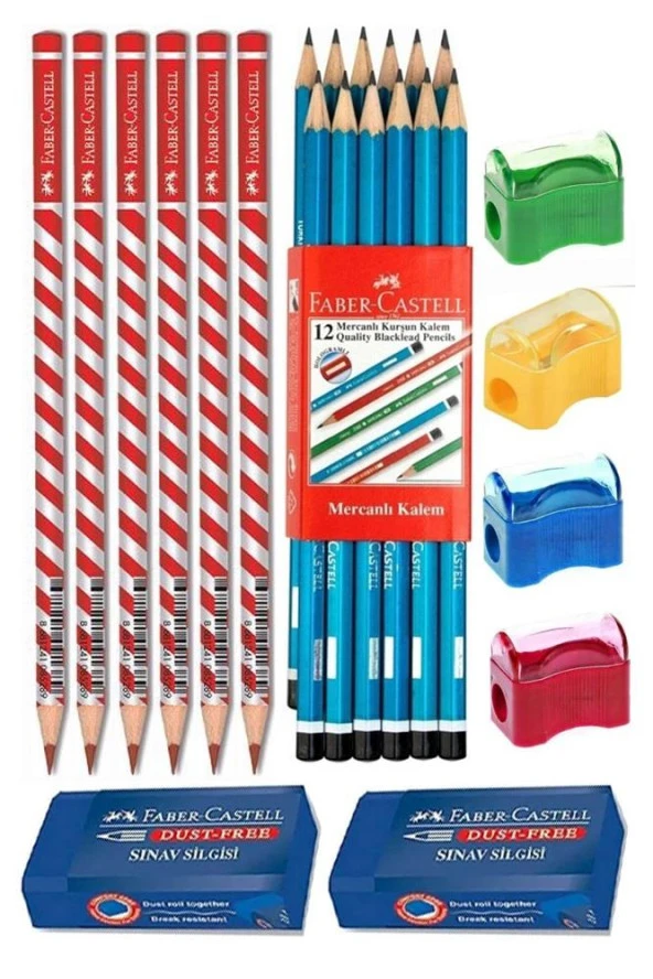Faber Castell Siyah Kurşun Kalem 12 Adet Kırmızı Başlık Kalemi 6 Adet Sınav Silgisi 2 Adet Kalemtraş 4 Adet - 1