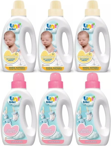 Uni Baby Yeni Doğan Çamaşır Deterjanı/Sabunu 1500ML (Sarı) + Yumuşatıcı 1500ML Hassas Ciltler İçin/Hipoalerjenik (Pembe) Karma (6 Lı Set)
