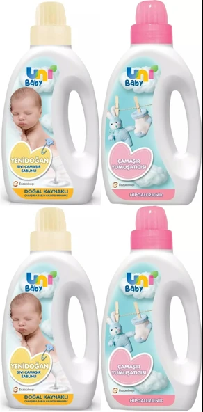 Uni Baby Yeni Doğan Çamaşır Deterjanı/Sabunu 1500ML (Sarı) + Yumuşatıcı 1500ML Hassas Ciltler İçin/Hipoalerjenik (Pembe) Karma (4 Lü Set)