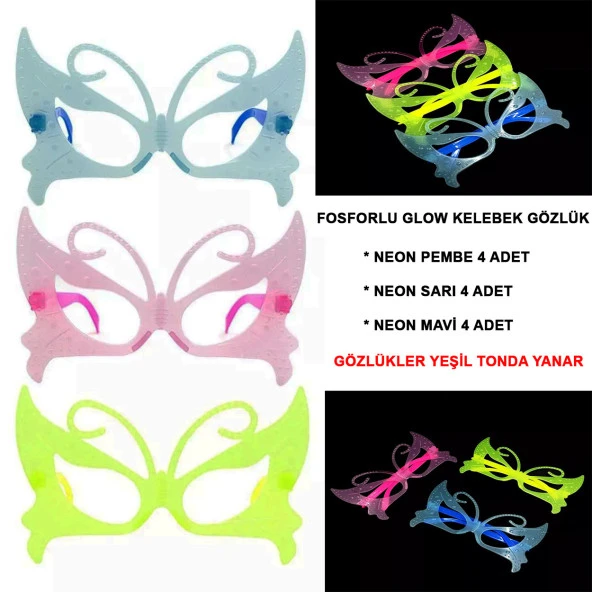 Himarry Fosforlu Kelebek Model Glow Parti Gözlüğü Karanlıkta Yanan Gözlükler 12 Adet