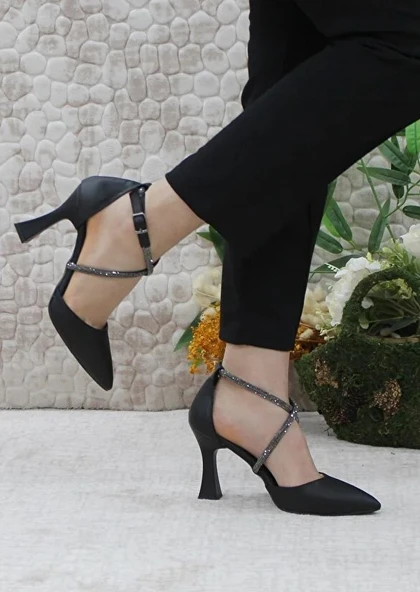 Feles 18-444 Çapraz  Şerit Taşlı Abiye Kadın Topuklu Ayakkabı Stiletto - 8