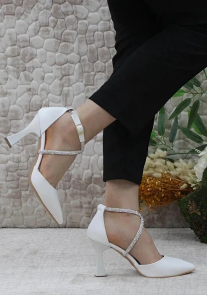 Feles 18-444 Çapraz  Şerit Taşlı Abiye Kadın Topuklu Ayakkabı Stiletto - 11