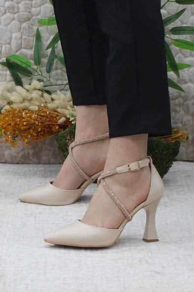 Feles 18-444 Çapraz  Şerit Taşlı Abiye Kadın Topuklu Ayakkabı Stiletto - 4