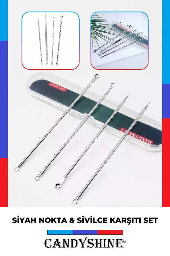 Hijyenik Kutulu Paslanmaz Çelik Sivilce Akne Siyah Nokta Temizleme Komedon Aleti 4 Parça - 2