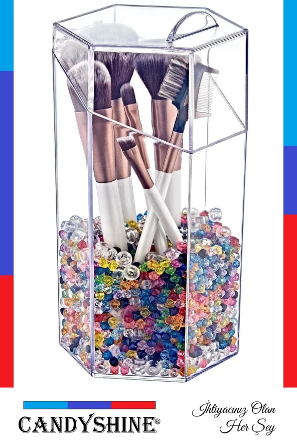 Kapaklı Büyük Boy Makyaj Fırça Düzenleme Kutusu Çok Amaçlı Dekoratif Altıgen Makyaj Organizer - 2