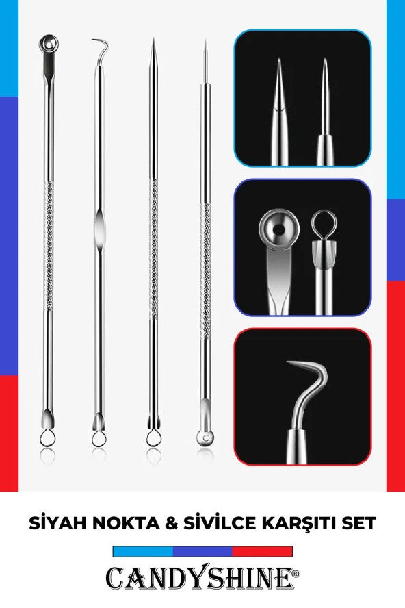 Siyah Nokta Sivilce Akne Temizleme Aleti Komedon 4 Parça Paslanmaz Çelik Hijyenik Saklama Kutulu - 6