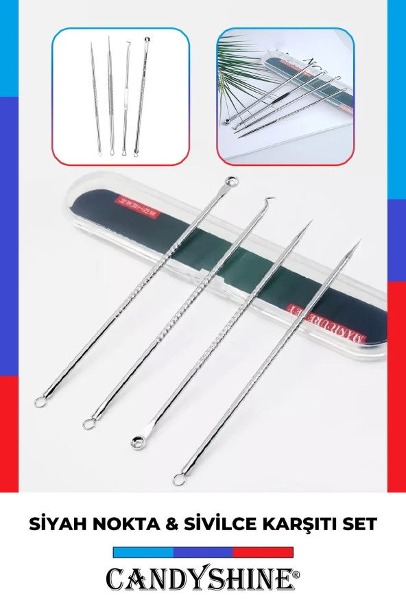 Siyah Nokta Sivilce Akne Temizleme Aleti Komedon 4 Parça Paslanmaz Çelik Hijyenik Saklama Kutulu - 8