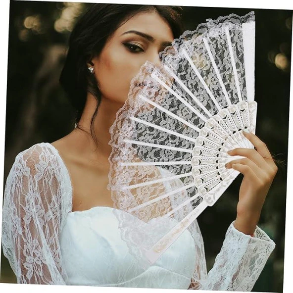 YELPAZE  Tüllü Gelin 877-12 Tül Detaylı Dekoratif Gelin Yelpaze Beyaz