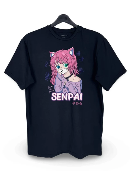 Senpai Anime Kız Baskılı Loose Fit Bisiklet Yaka Unisex Tişört Siyah