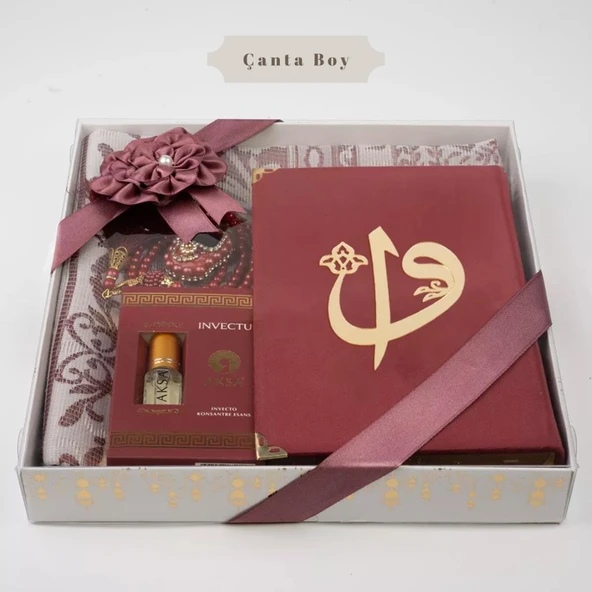 Kuran + Seccade +  Tesbih + Zikirmatik + Koku Hediye Seti (Çanta Boy, Kadife, Bordo)