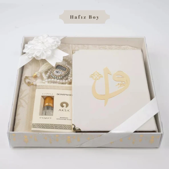 Kuran + Seccade +  Tesbih + Zikirmatik + Koku Hediye Seti (Hafız Boy, Kadife, Beyaz)