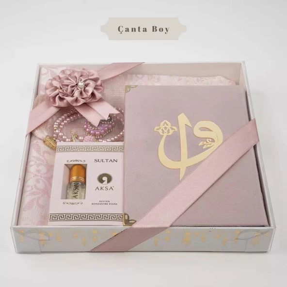 Kuran + Seccade +  Tesbih + Zikirmatik + Koku Hediye Seti (Çanta Boy, Kadife, Pembe)