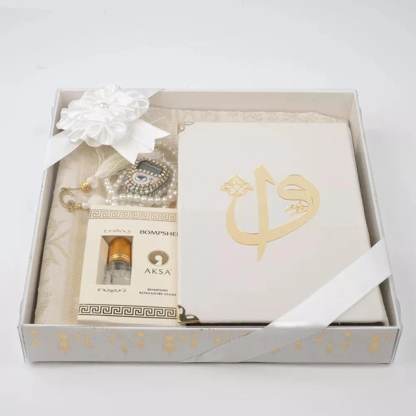 Kuran + Seccade +  Tesbih + Zikirmatik + Koku Hediye Seti (Hafız Boy, Kadife, Beyaz) - 2