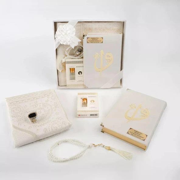 Kuran + Seccade +  Tesbih + Zikirmatik + Koku Hediye Seti (Hafız Boy, Kadife, Beyaz) - 4