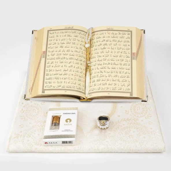 Kuran + Seccade +  Tesbih + Zikirmatik + Koku Hediye Seti (Hafız Boy, Kadife, Beyaz) - 5